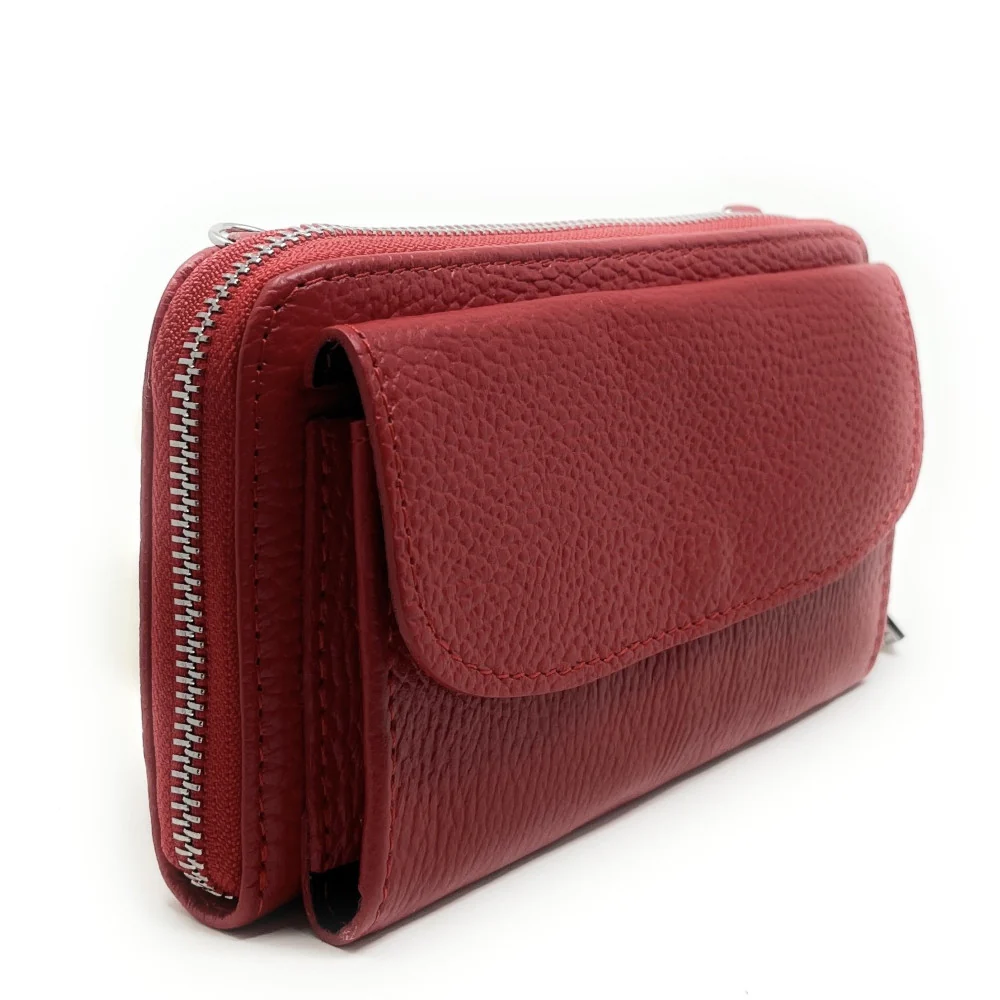 Sac portefeuille à bandoulière en cuir grainé CITY Rouge fraise - Image 3
