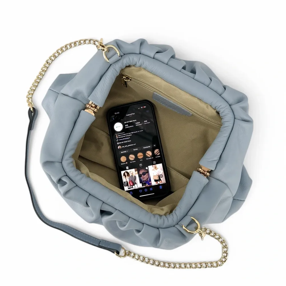 Sac pouch en cuir box-calf ATHALIE Bleu pastel - Image 6