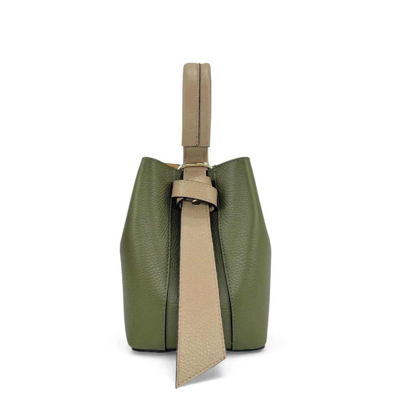 Sac seau et pochette en cuir grainé BIRDIE Beige et Kaki - Image 11
