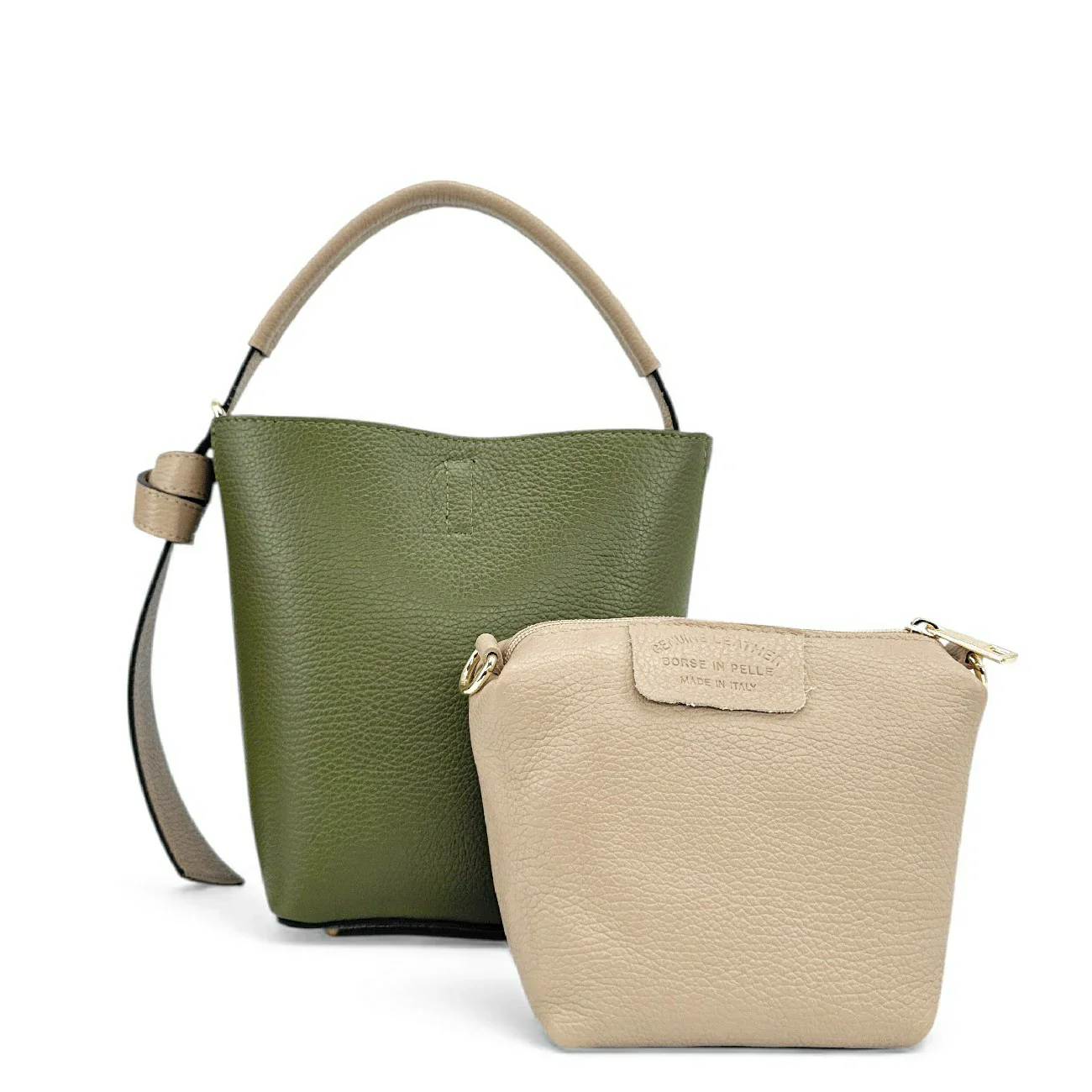 Sac seau et pochette en cuir grainé BIRDIE Beige et Kaki - Image 3