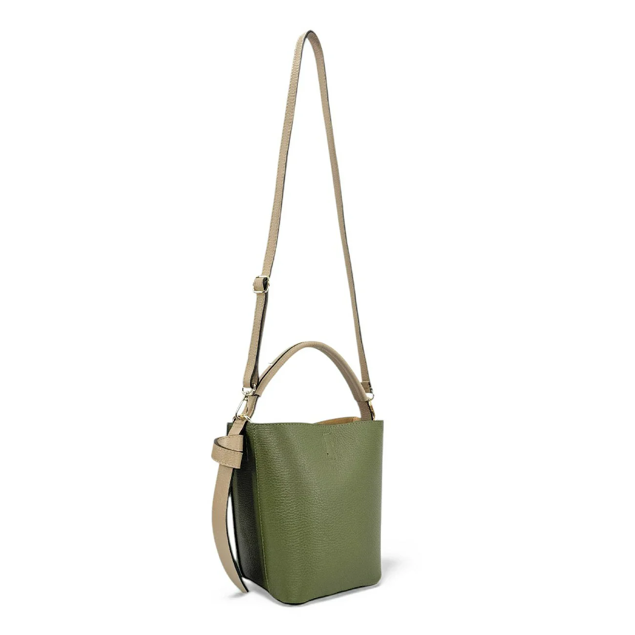 Sac seau et pochette en cuir grainé BIRDIE Beige et Kaki - Image 6