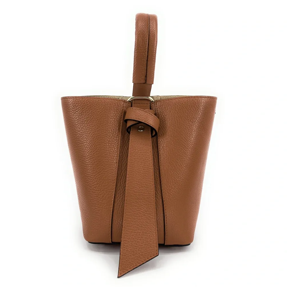 Sac seau et pochette en cuir grainé BIRDIE Camel foncé - Image 9