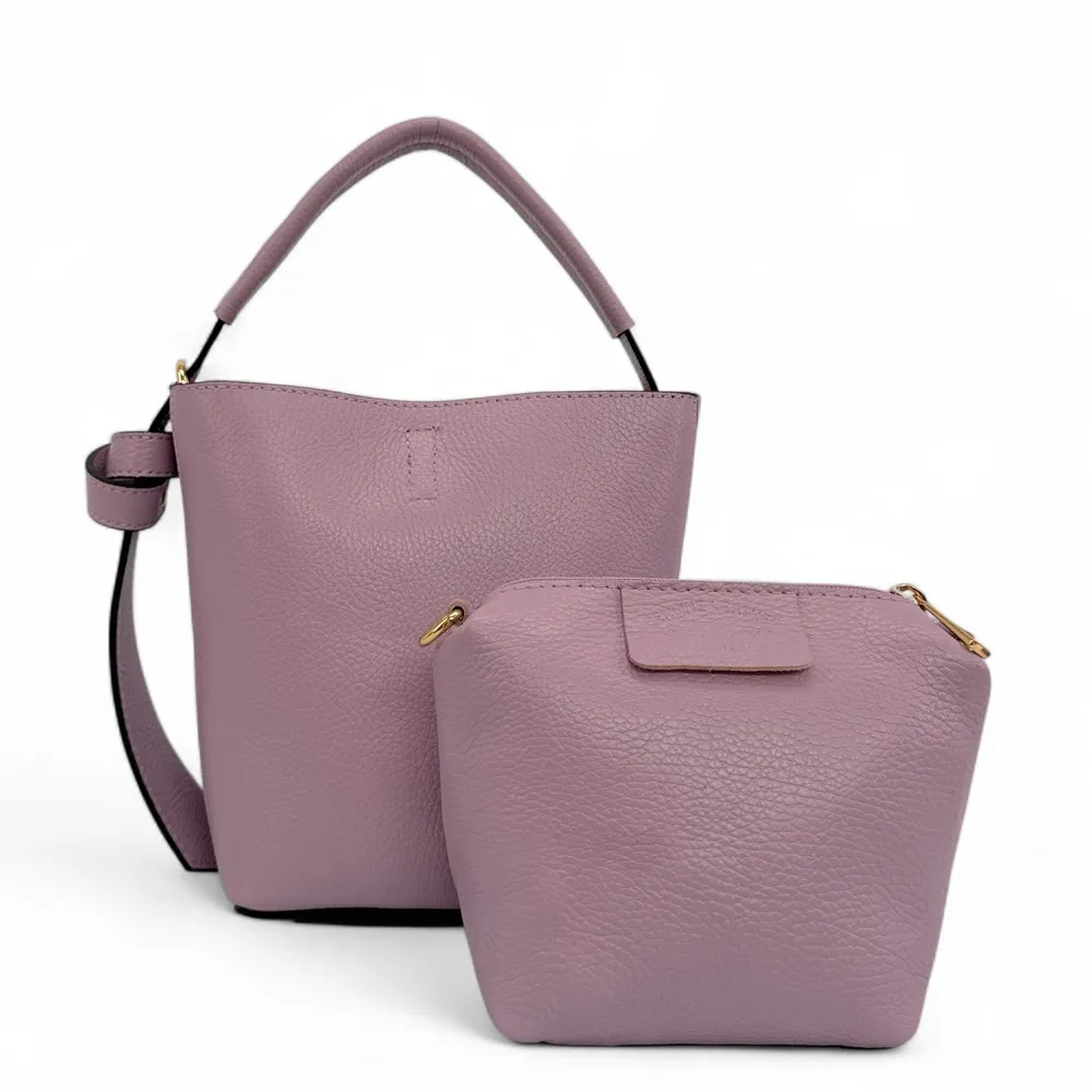 Sac seau et pochette en cuir grainé BIRDIE Lilas - Image 5