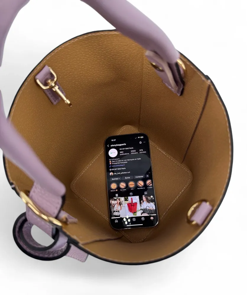Sac seau et pochette en cuir grainé BIRDIE Lilas - Image 8