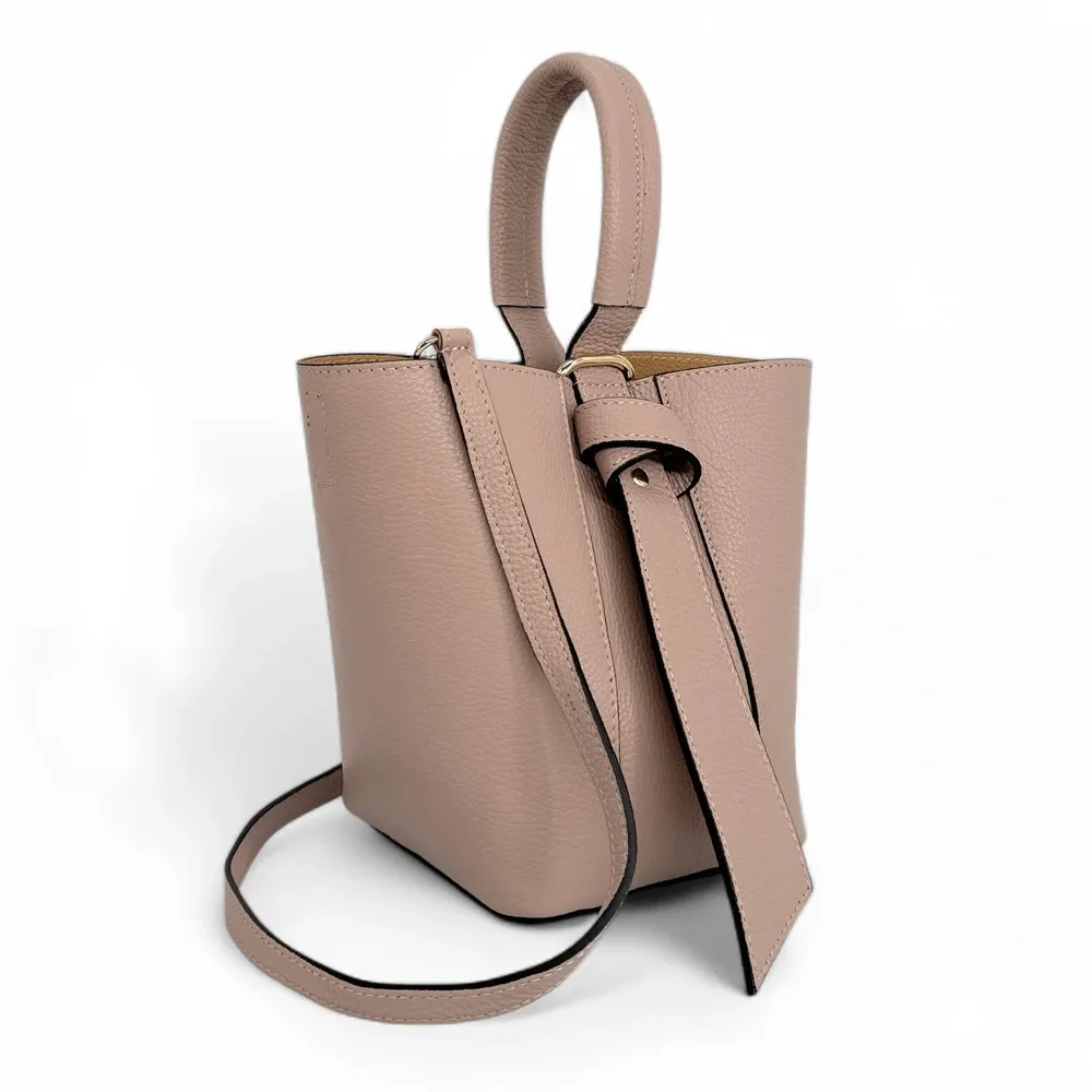 Sac seau et pochette en cuir grainé BIRDIE Rose nude - Image 3