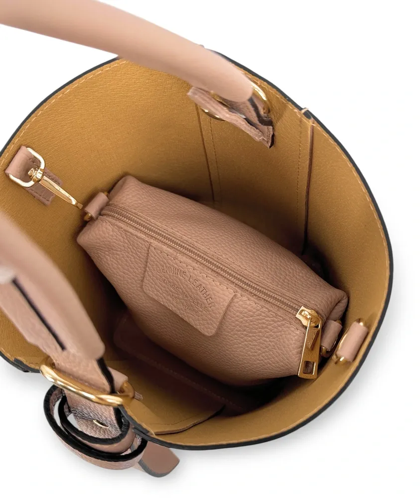 Sac seau et pochette en cuir grainé BIRDIE Rose nude - Image 8