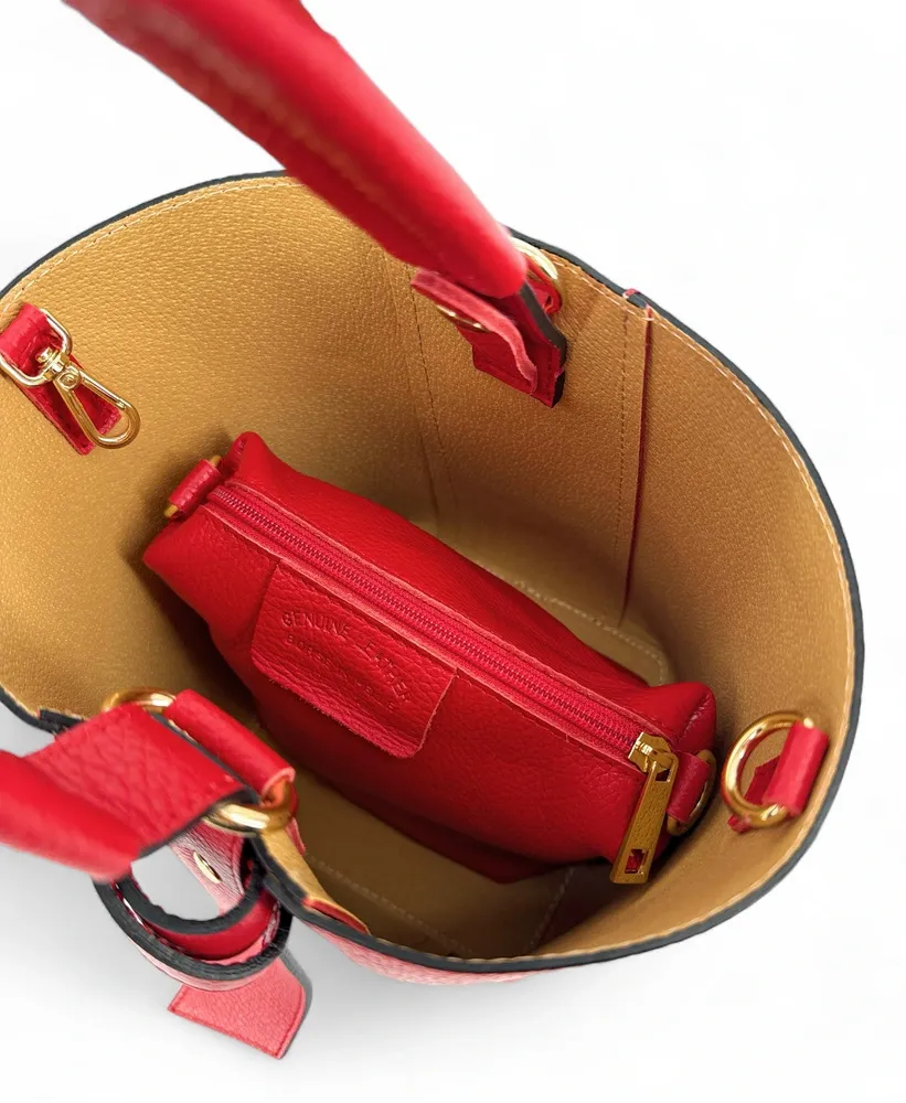 Sac seau et pochette en cuir grainé BIRDIE Rouge garance - Image 10