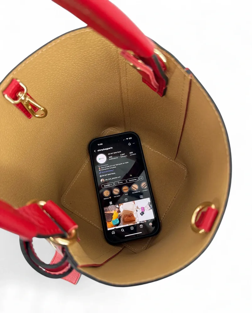 Sac seau et pochette en cuir grainé BIRDIE Rouge garance - Image 11