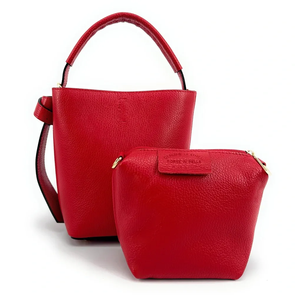 Sac seau et pochette en cuir grainé BIRDIE Rouge garance - Image 4