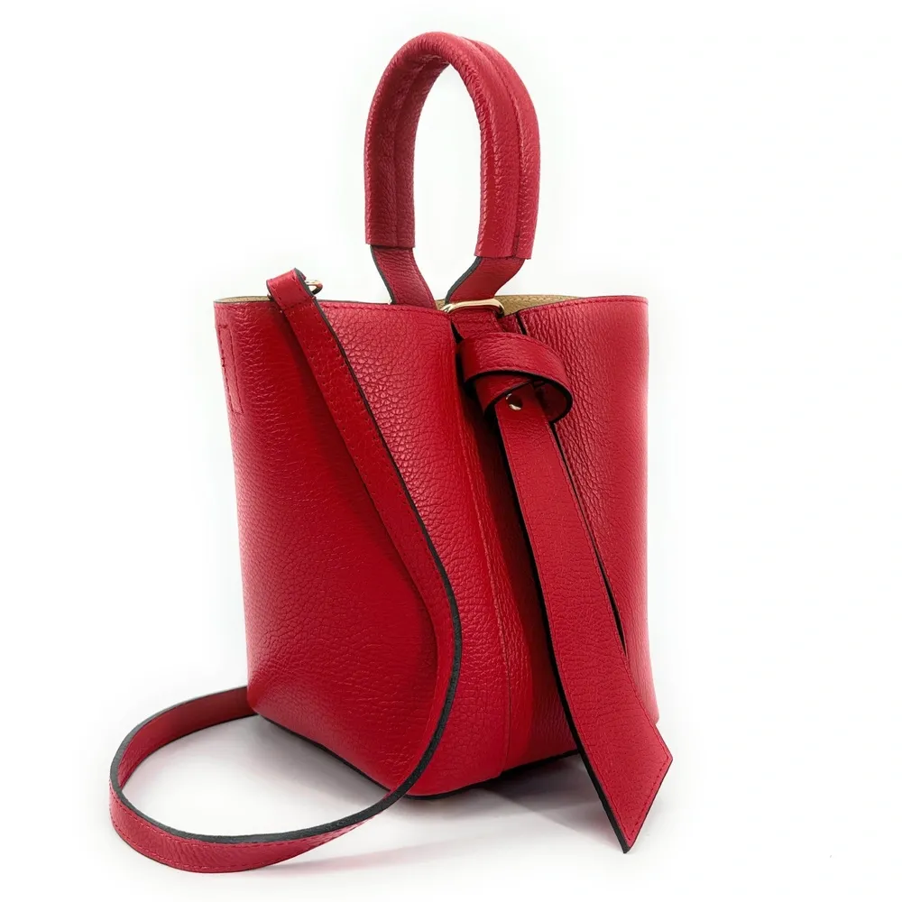 Sac seau et pochette en cuir grainé BIRDIE Rouge garance - Image 6