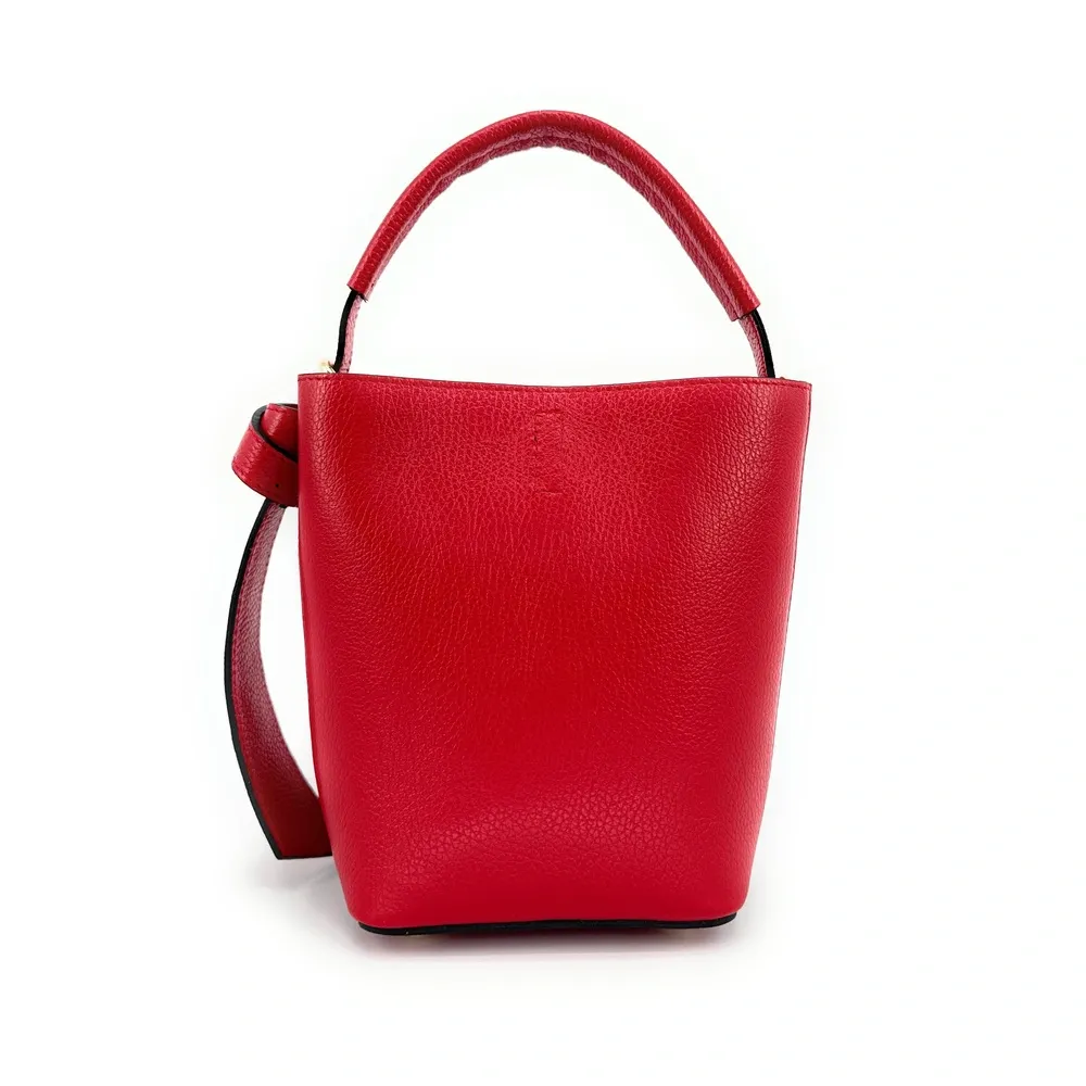 Sac seau et pochette en cuir grainé BIRDIE Rouge garance - Image 9