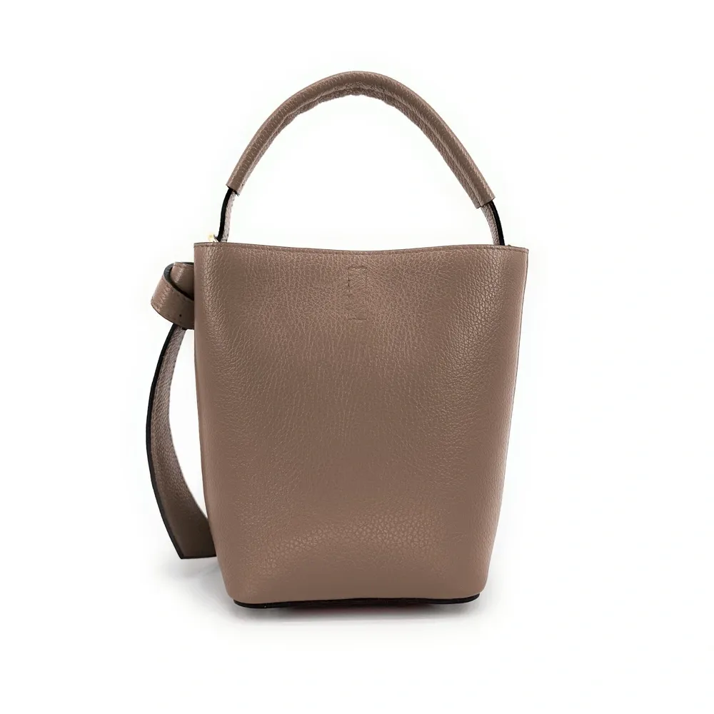 Sac seau et pochette en cuir grainé BIRDIE Taupe foncé - Image 4