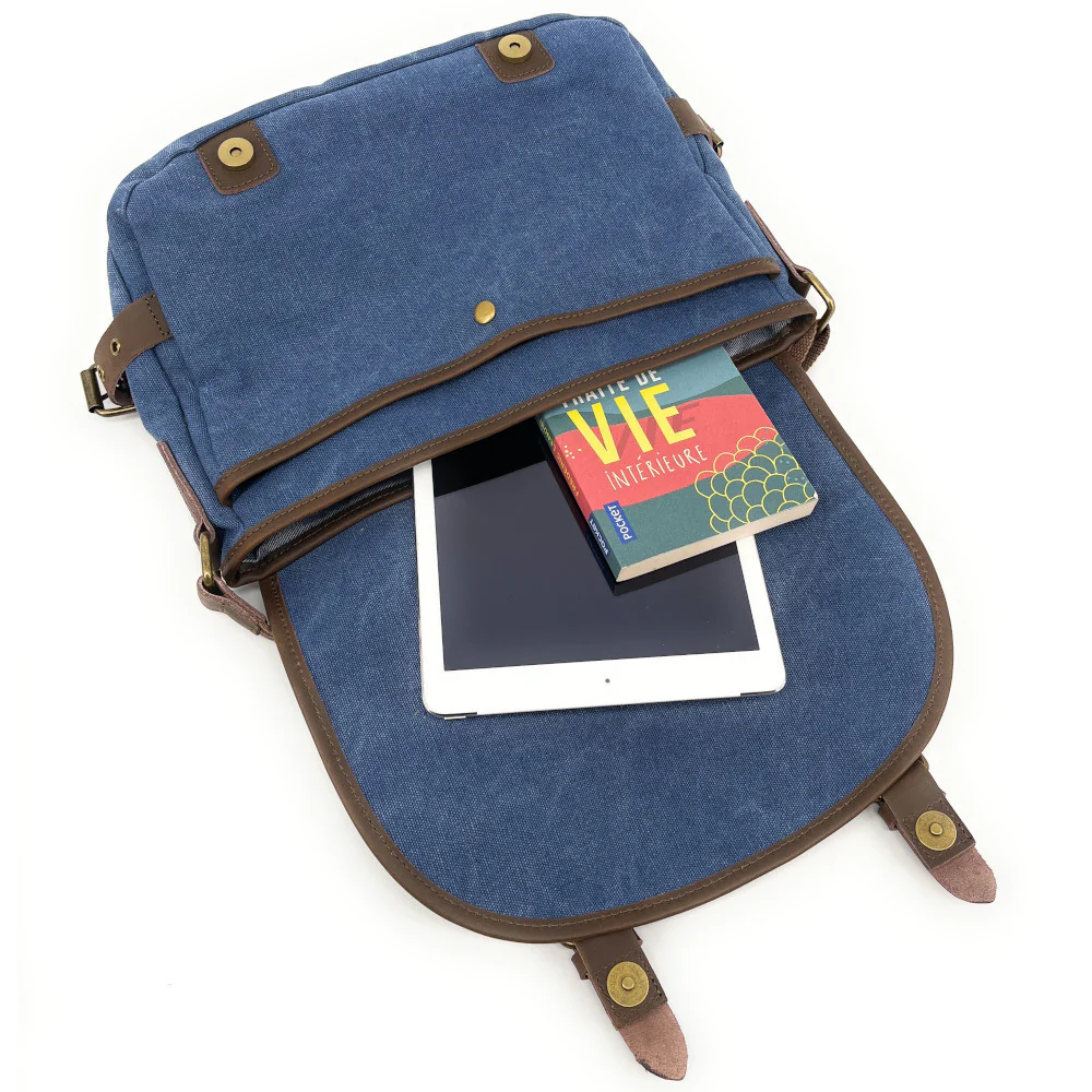 Sacoche cuir et toile PAPEY Bleu denim - Image 3