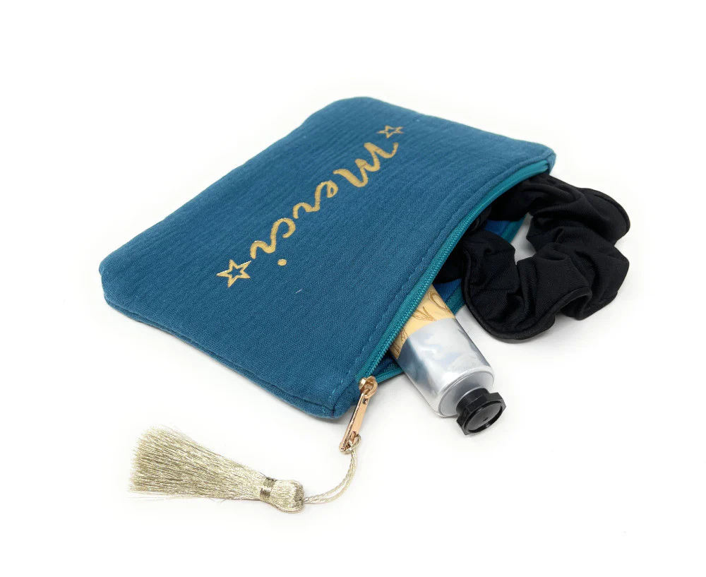 Trousse pochette en gaze de coton COCOON Merci Bleu vert canard - Image 2